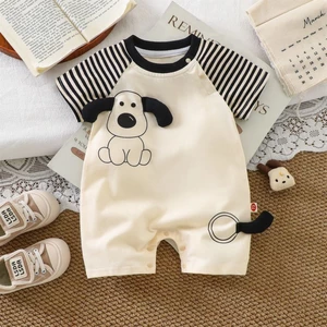 Áo liền quần mỏng mùa hè cho bé, Áo liền quần ngắn tay hình chú chó con dễ thương, Bộ áo liền