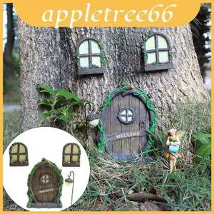 4 Cây Cổ Tích Thu Nhỏ Cửa Cửa Sổ Phát Sáng Gnome Elf Nhà Điêu Khắc Tượng