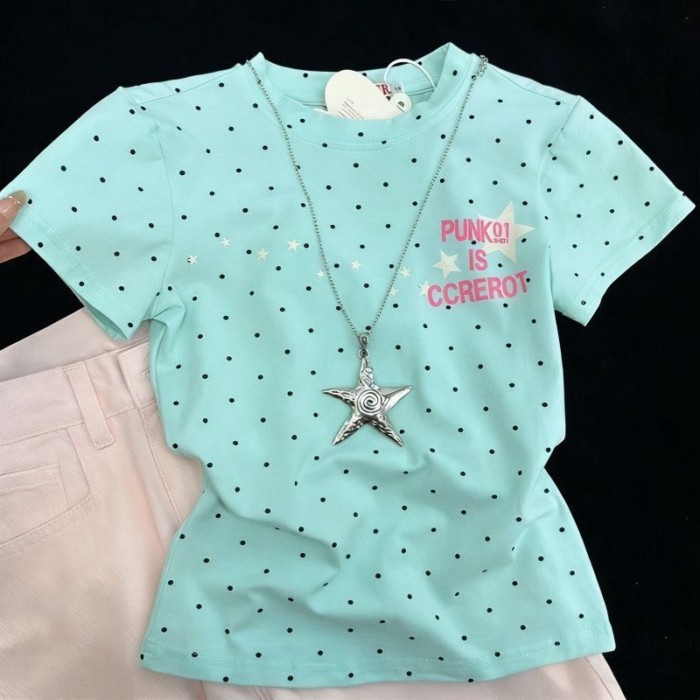Dopamine Sweet Hot Girl Polka Dot Star Letters Short-sleeved T-shirt Women's Summer High-end Sli