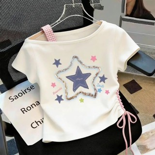 Áo thun lệch vai mùa hè dành cho bé gái Quần áo trẻ em cotton nguyên chất thời trang Áo thun ngắn t