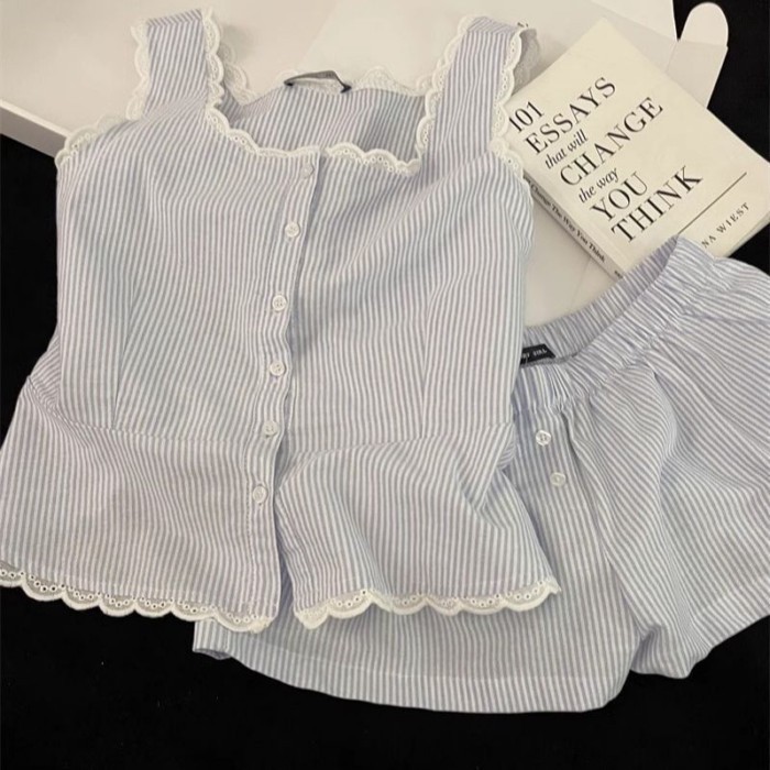 Pajamas For Women, Simple Striped Ins Lace Splicing Suspenders, High Waist Shorts, Home Wear