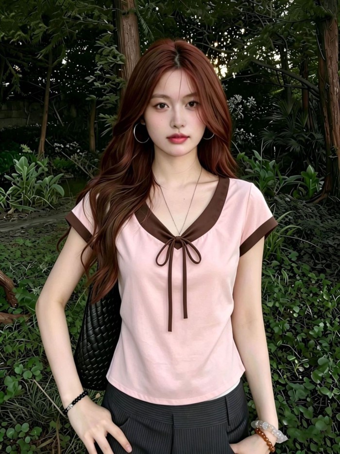 Pure Cotton Korean Style Niche V-neck Contrasting Color Short-sleeved T-shirt For Women Summe