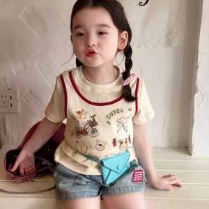 cô gái hoạt hình giả hai mảnh tay ngắn vá quần short denim hai mảnh mùa hè phong cách mới phong