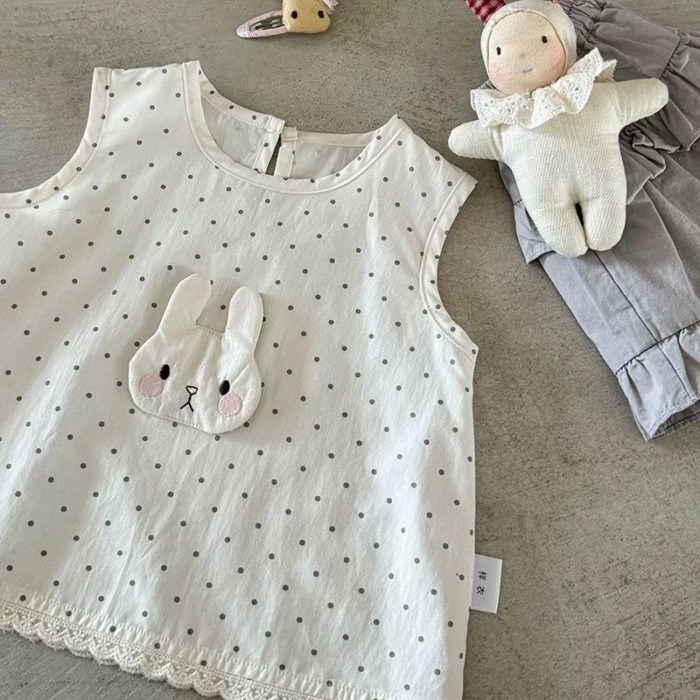New Summer Sleeveless Top For Baby Girls, Bunny Polka Dot Korean Sweet Shirt, Children's Cott