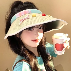 Color Bow Puppy Empty Top Sun Hat For Women Spring And Summer Anti-UV Sun Hat Large Brim Sun Hat