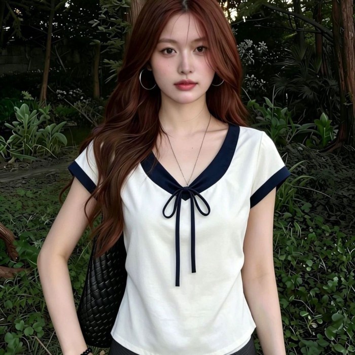 Pure Cotton Korean Style Niche V-neck Contrasting Color Short-sleeved T-shirt For Women Summe