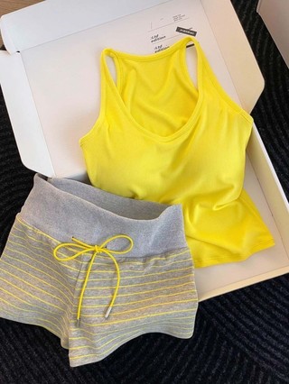 Yellow Striped Pajamas Women's Padded Vest Shorts Pure Desire Home Clothes Set Can Be Weared