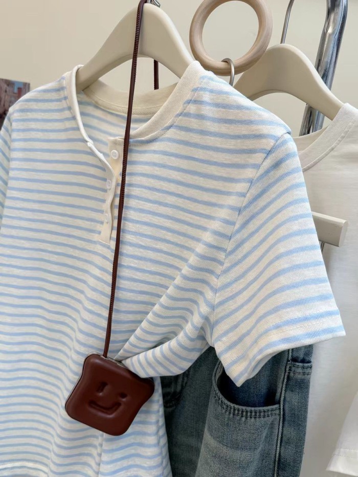 New Summer Style Korean Tops With Buttoned Short-sleeved T-shirts For Women, Loose Half-open Col