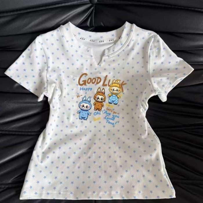 Áo thun cotton co giãn in hình hoạt hình Elf dành cho nữ Thiết kế in hình ngôi sao đa năng Áo