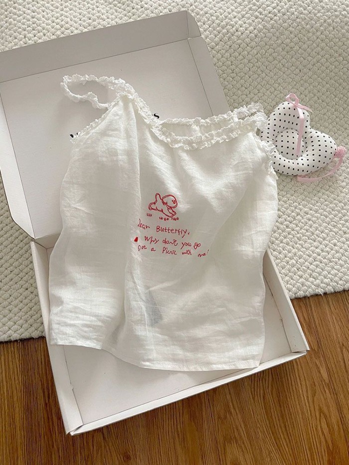 White Lace Trim With Breast Pads And Straps Pajamas For Women, Sweet And Simple, Thin, Girly