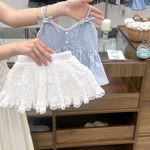 Bé Gái Bộ Đồ Mùa Hè Trẻ Em Phong Cách Hàn Quốc Ren Suspender Áo Sơ Mi Búp Bê Đa Năng Váy Ngắn Ng