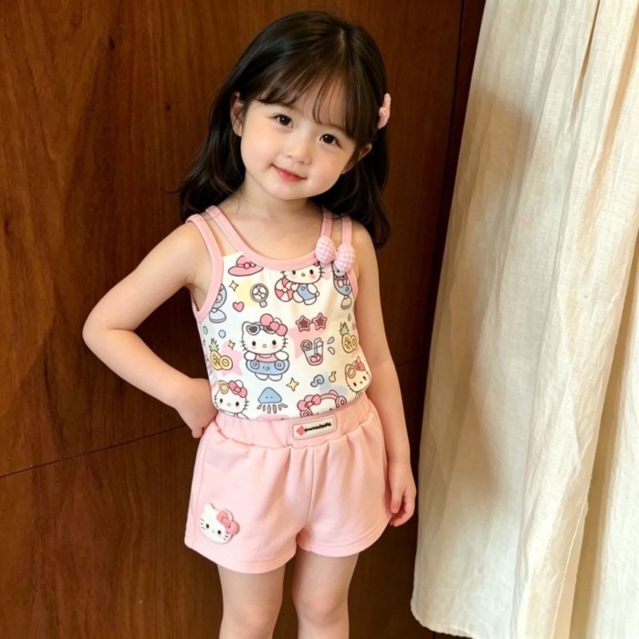 Bộ Đồ Bé Gái Hoạt Hình Suspender Mùa Hè Mới Áo Trẻ Em Quần Short Dễ Thương Bộ 2 Món