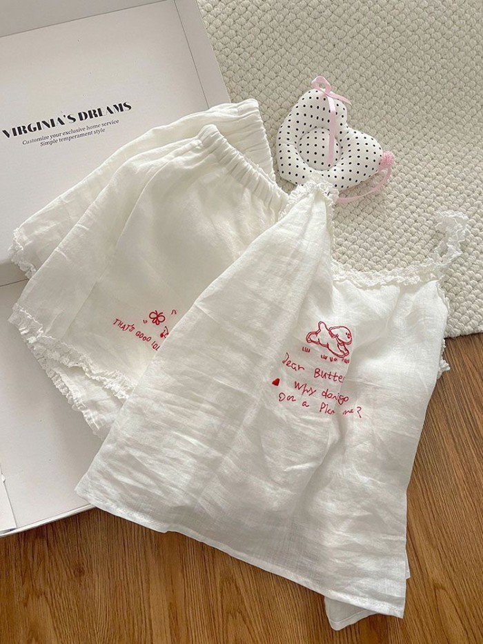 White Lace Trim With Breast Pads And Straps Pajamas For Women, Sweet And Simple, Thin, Girly