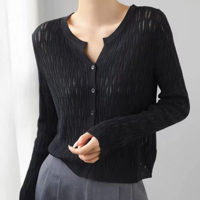 Mùa hè hàn quốc mới băng lụa dệt kim cardigan cổ tròn băng lụa mỏng áo len dệt kim dài tay hà