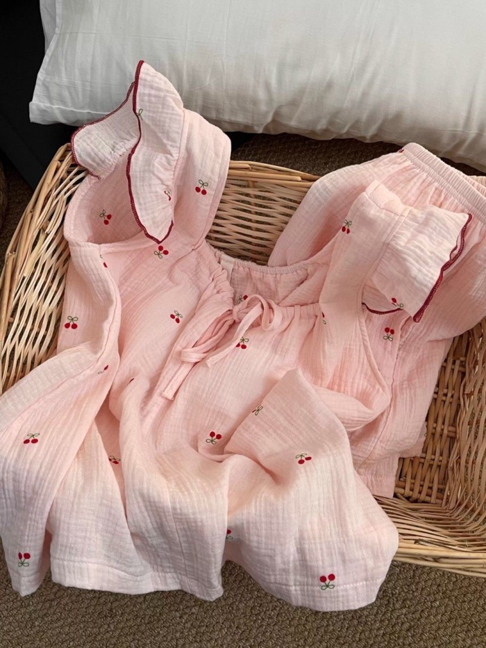 Pajamas For Women, Sweet Little Cherry Wood Ears Suspender Shorts, Skin-friendly With Chest P