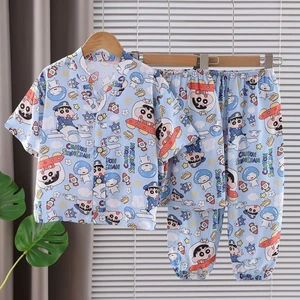 Bộ đồ ngủ hoạt hình dành cho trẻ em Bộ đồ điều hòa không khí bằng vải cotton mỏng ba mảnh mùa