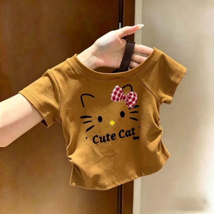 Áo thun lệch vai gừng bé gái cotton nguyên chất mùa hè mỏng xếp ly in hình tay ngắn trễ vai kiểu