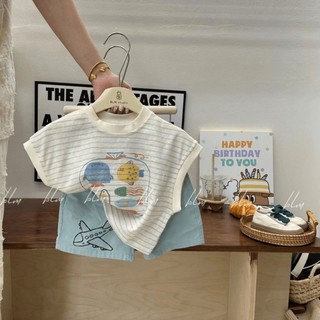 Bộ đồ trẻ em mùa hè mới phiên bản Hàn Quốc áo vest sọc cotton hoạt hình cho bé quần đùi đi máy bay