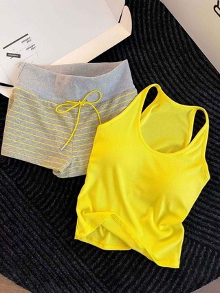 Yellow Striped Pajamas Women's Padded Vest Shorts Pure Desire Home Clothes Set Can Be Weared