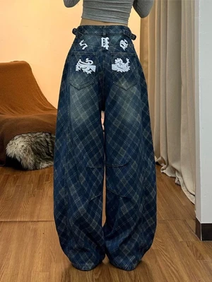 American Retro Design Pleated Plaid Jeans, Lazy And Loose Scimitar Pants