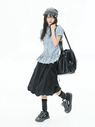 Retro Blue Plaid Color Dot Short Sleeve Shirt Women's Summer College Style Waist Slimming Lap