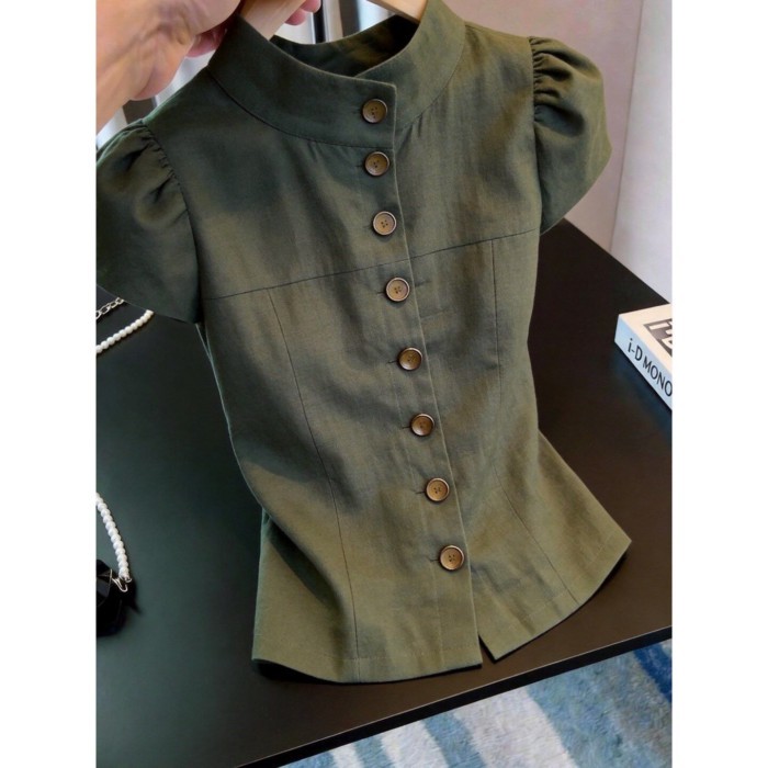 French Puff Sleeve Military Green Button Top For Women, Slim And High-end Design, Super Nice