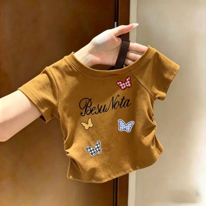 Áo thun lệch vai gừng bé gái cotton nguyên chất mùa hè mỏng xếp ly in hình tay ngắn trễ vai kiểu