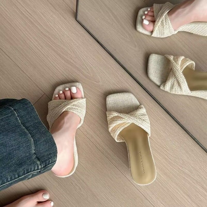 Rừng mục vụ phong cách nông miệng vuông mũi giày cho nữ mùa hè vải lanh rơm đáy phẳng thoáng