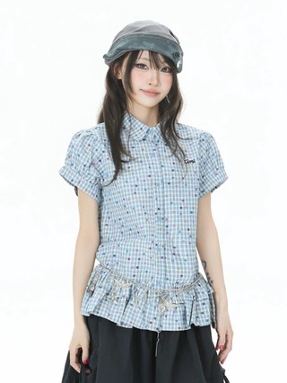 Retro Blue Plaid Color Dot Short Sleeve Shirt Women's Summer College Style Waist Slimming Lap