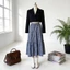 Váy Midi Cotton pha trộn kẻ sọc có lưng cao và xếp nếp cho nữ thời trang thường ngày