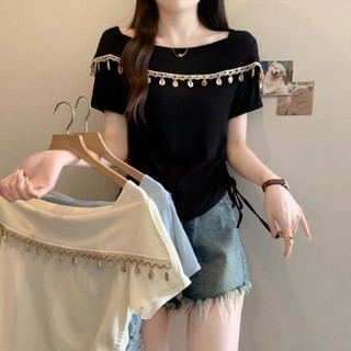 Korean Version Of Fashionable Retro Heavy Industry Tassel Design Square Neck Short-sleeved T-