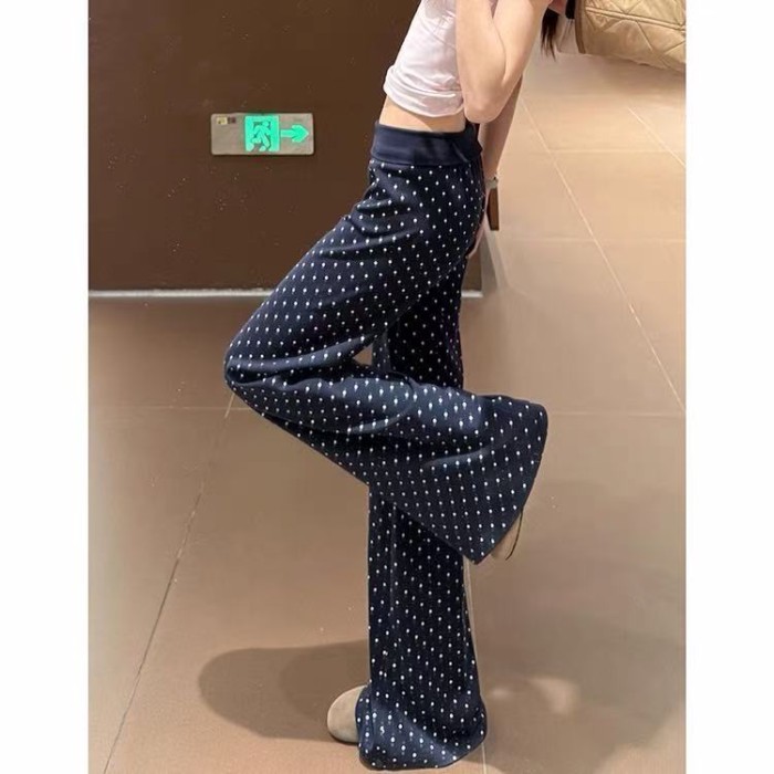 Chấm bi Hải quân Drape Quần loe Mỹ Mùa hè nữ Mới Giảm béo Đa năng Quần cạp thấp Hàn Quốc