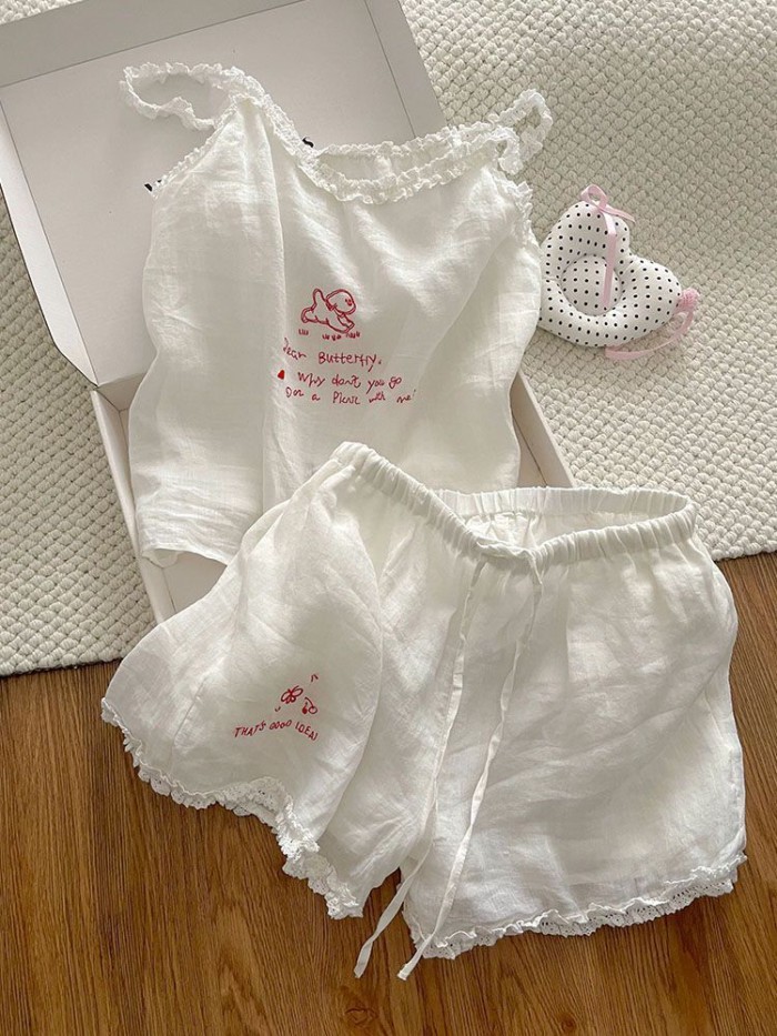 White Lace Trim With Breast Pads And Straps Pajamas For Women, Sweet And Simple, Thin, Girly