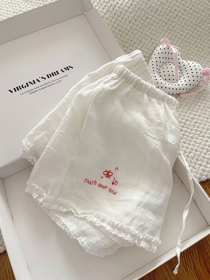 White Lace Trim With Breast Pads And Straps Pajamas For Women, Sweet And Simple, Thin, Girly