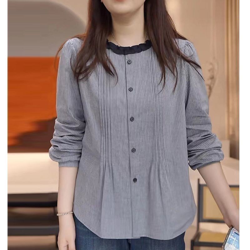 Lan - Áo sơ mi nữ form ôm, tay dài sọc, thời trang cho mẹ trung niên