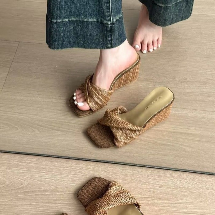 Rừng mục vụ phong cách nông miệng vuông mũi giày cho nữ mùa hè vải lanh rơm đáy phẳng thoáng