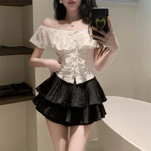 Áo sơ mi Pháp tay ngắn nhún bèo một vai nữ tinh khiết ngọt ngào, sang trọng