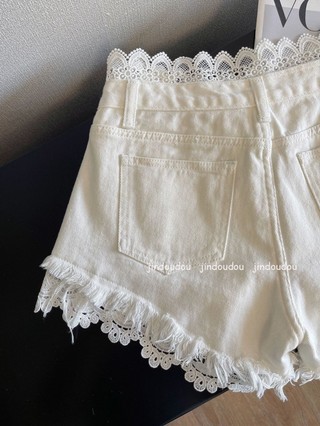 quần short trắng cho hot girl mặc làm áo khoác ngoài mùa hè, lưng cao khâu ren, quần short denim