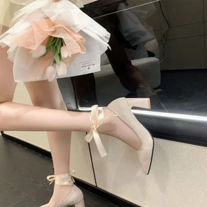 Fairy Style High Heels Women's Ribbon Students' Sweet Thick Heels Lace Up Bow Versatile Photo
