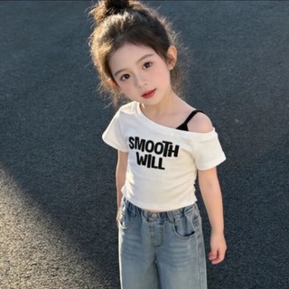 Áo phông ngắn tay trễ vai in chữ mùa hè dành cho bé gái tuổi cỡ lớn áo phông đáy tương phản màu