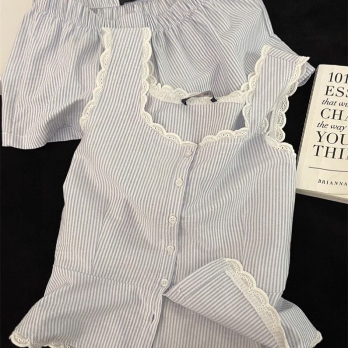 Pajamas For Women, Simple Striped Ins Lace Splicing Suspenders, High Waist Shorts, Home Wear
