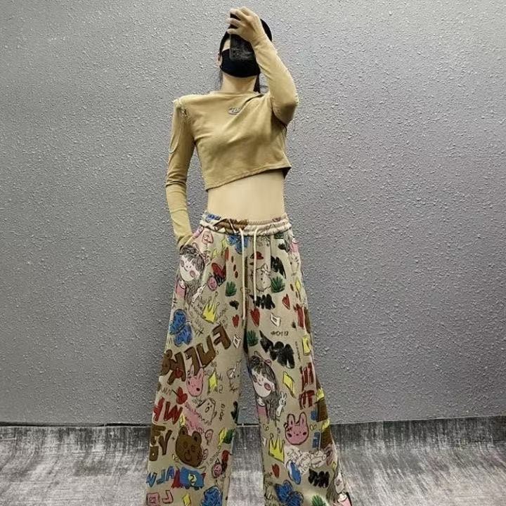 Lan Quần Jeans Mùa Hè Phong Cách Graffiti Mỹ, Ống Rộng Thẳng Mỏng Nhẹ