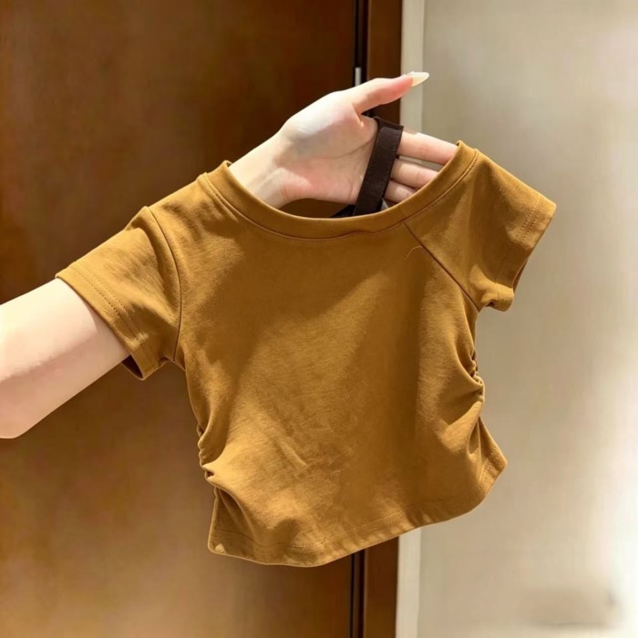 Áo thun lệch vai gừng bé gái cotton nguyên chất mùa hè mỏng xếp ly in hình tay ngắn trễ vai kiểu