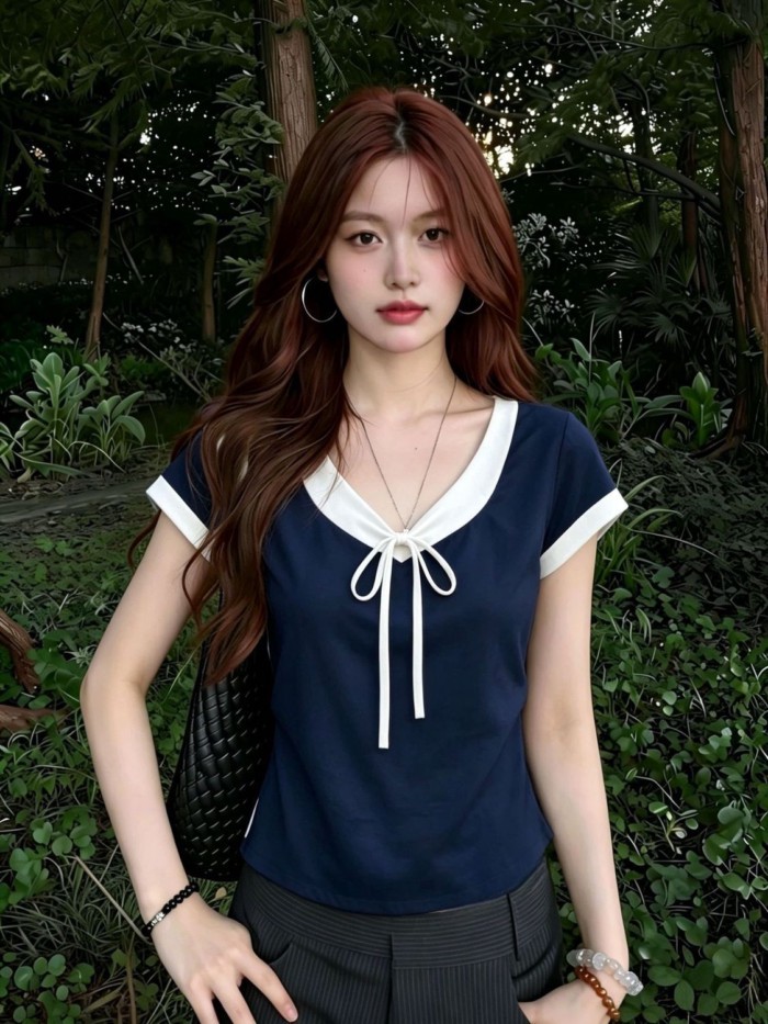Pure Cotton Korean Style Niche V-neck Contrasting Color Short-sleeved T-shirt For Women Summe