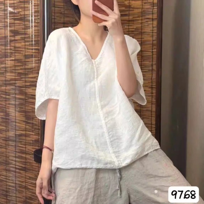 Áo thun cotton và vải lanh phong cách cổ điển dành cho nữ mùa hè mới màu trơn cổ chữ V tay ng