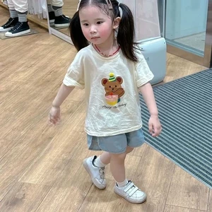 Áo thun ngắn tay cotton nguyên chất cho bé gái Quần áo trẻ em dành cho trẻ nhỏ và vừa Áo hình gấ