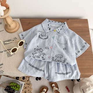 Bộ đồ vải lanh bộ đồ mùa hè áo len dáng rộng in hình cún con đa năng cho trẻ em bộ đồ ngắn tay