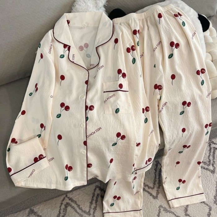 Mùa Hè Xuân Thu Hoạt Hình Đám Mây Mới Bộ Đồ Ngủ In Hình Cardigan Ngọt Dài Tay Dài Quần Rời Ph