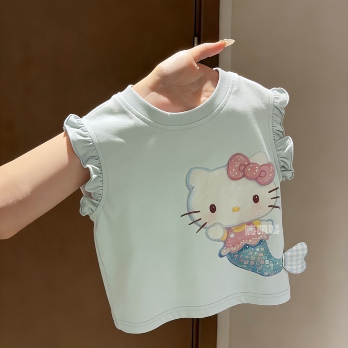 Western Style Girls Summer Cartoon Kt Cat Print Small Flying Sleeve Cotton Top New Baby Cute