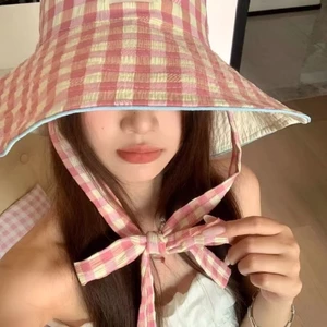 Korean Style Sun-visor Chidori Wide-brimmed Lace-up Large Brim Plaid Fisherman Hat For Women Doub